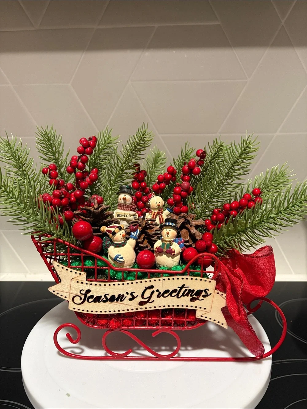 Hand Crafted Red and Green Holiday Sleigh with Snowman Accents